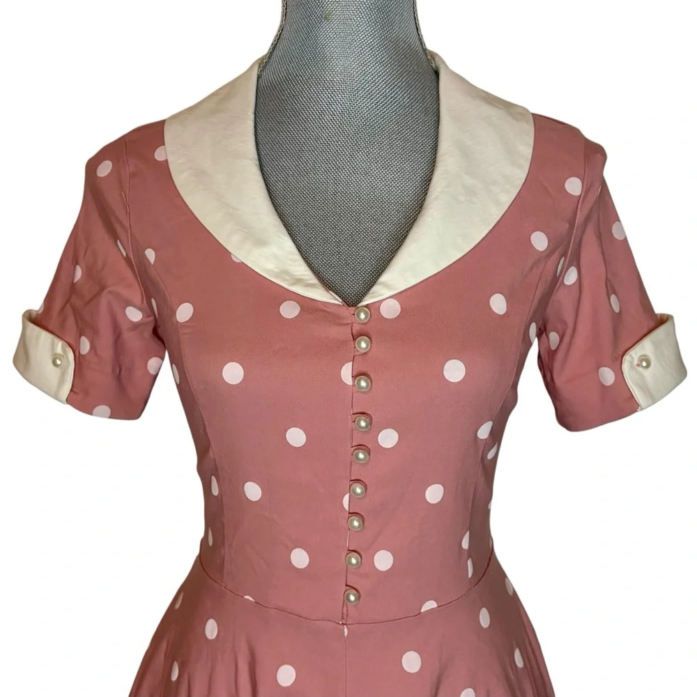 NWT GownTown Pink Polka Dot Vintage Style Fit & Flare Dress Small - Picture 2 of 11